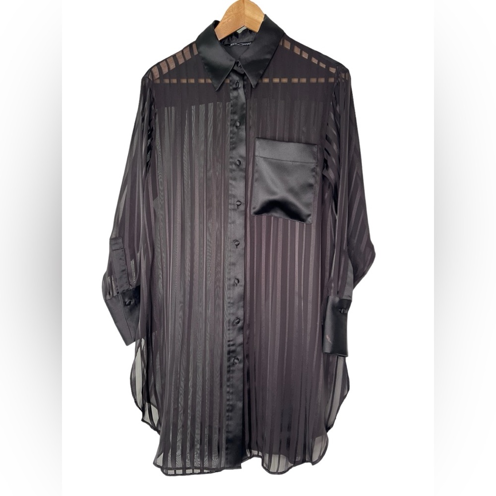 Zara Black Sheer Striped Button-Down Shirt
